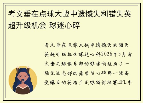 考文垂在点球大战中遗憾失利错失英超升级机会 球迷心碎